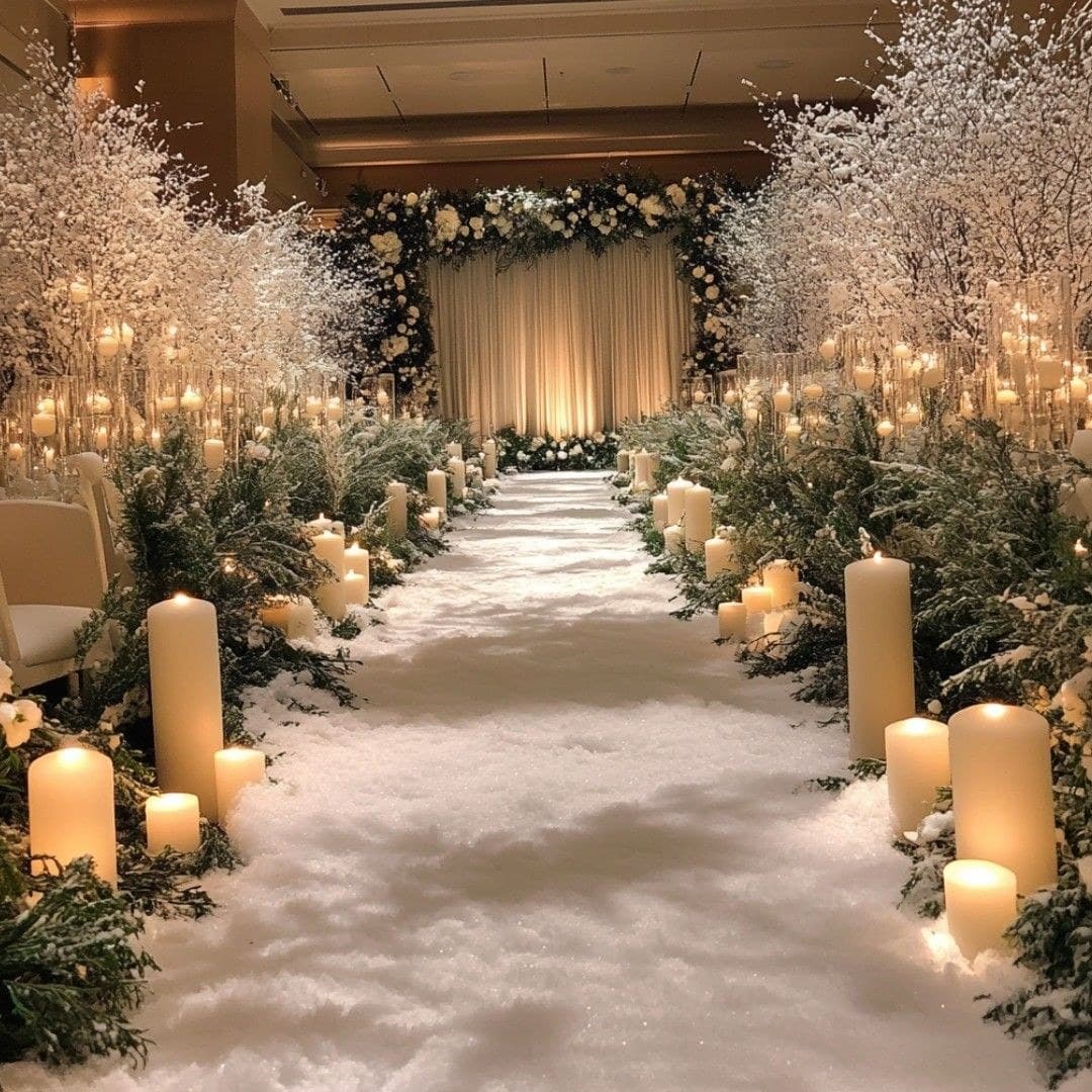 A snowy candlelit wedding aisle lined with evergreen, white blossoms and a glowing floral arch