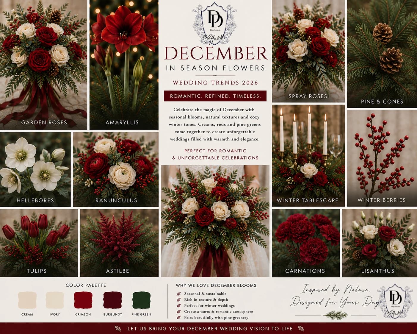 December Christmas wedding flowers, romantic palette — Day Dream Affairs