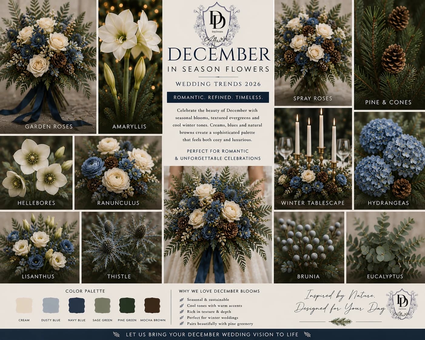 December Christmas wedding flowers, winter blue palette — Day Dream Affairs