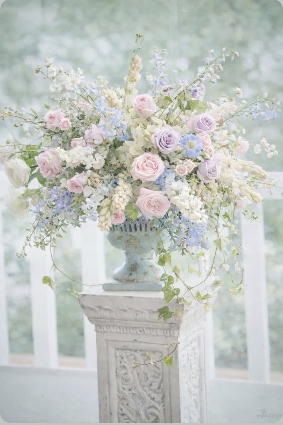 Pastel Pedestal Urn — Day Dream Affairs ceremony florals