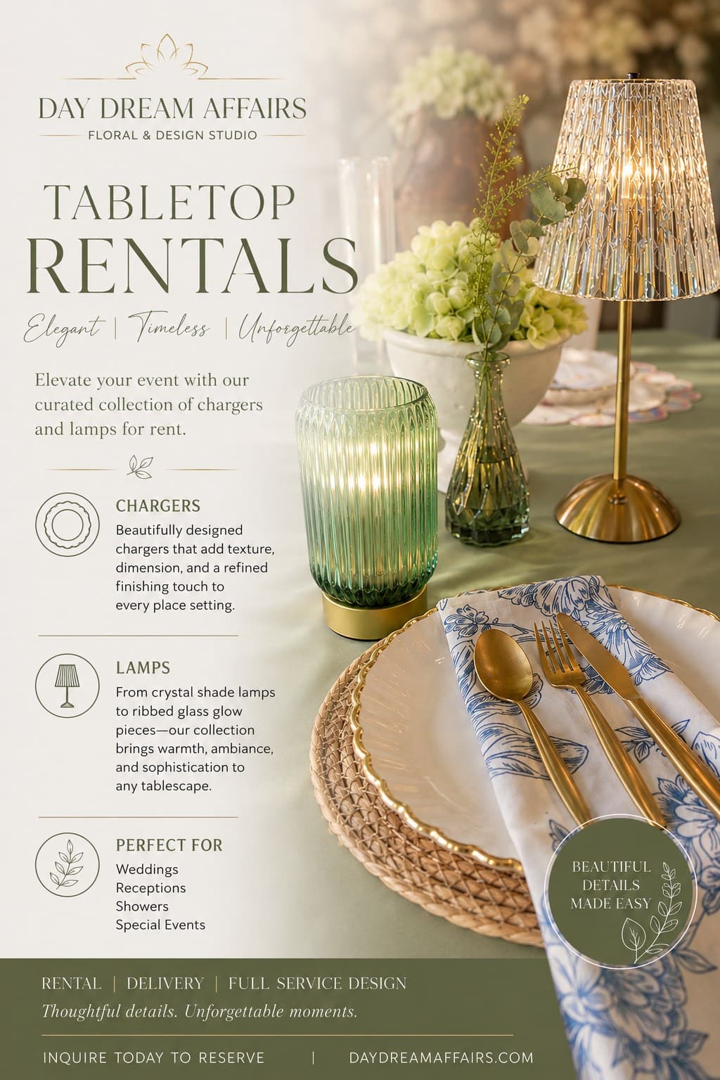 Tabletop Rentals by Day Dream Affairs — chargers and lamps for elegant place settings