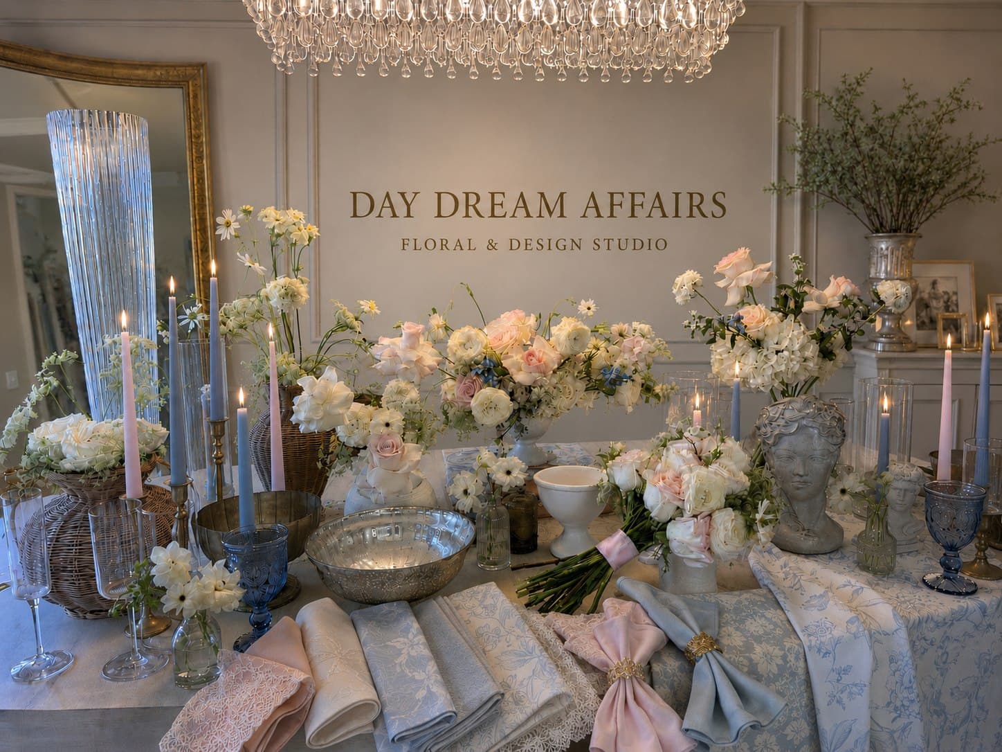 The Day Dream Affairs design studio — a styled consultation table with florals, candles, linens, and mini lamps